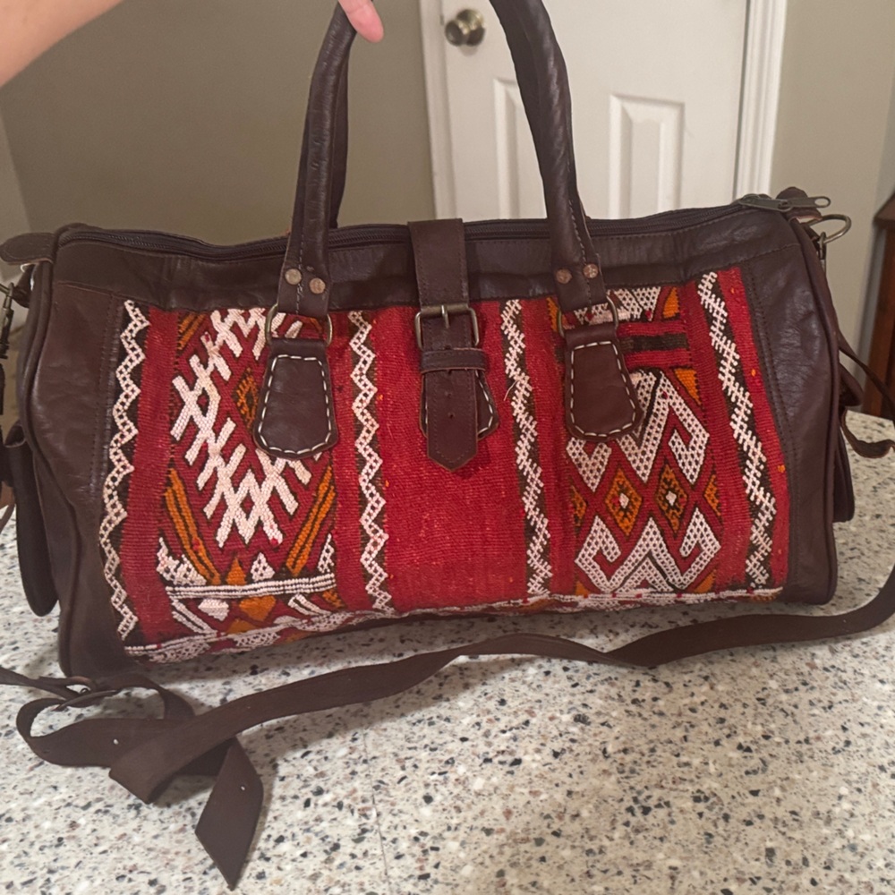 Handcrafted Brown Leather and Red Wool Patterned Women's Bag